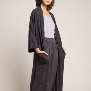 Grey Knit Cardigan Duster Drop Shoulder Open Front Pockets Wide 3/4 Sleeve